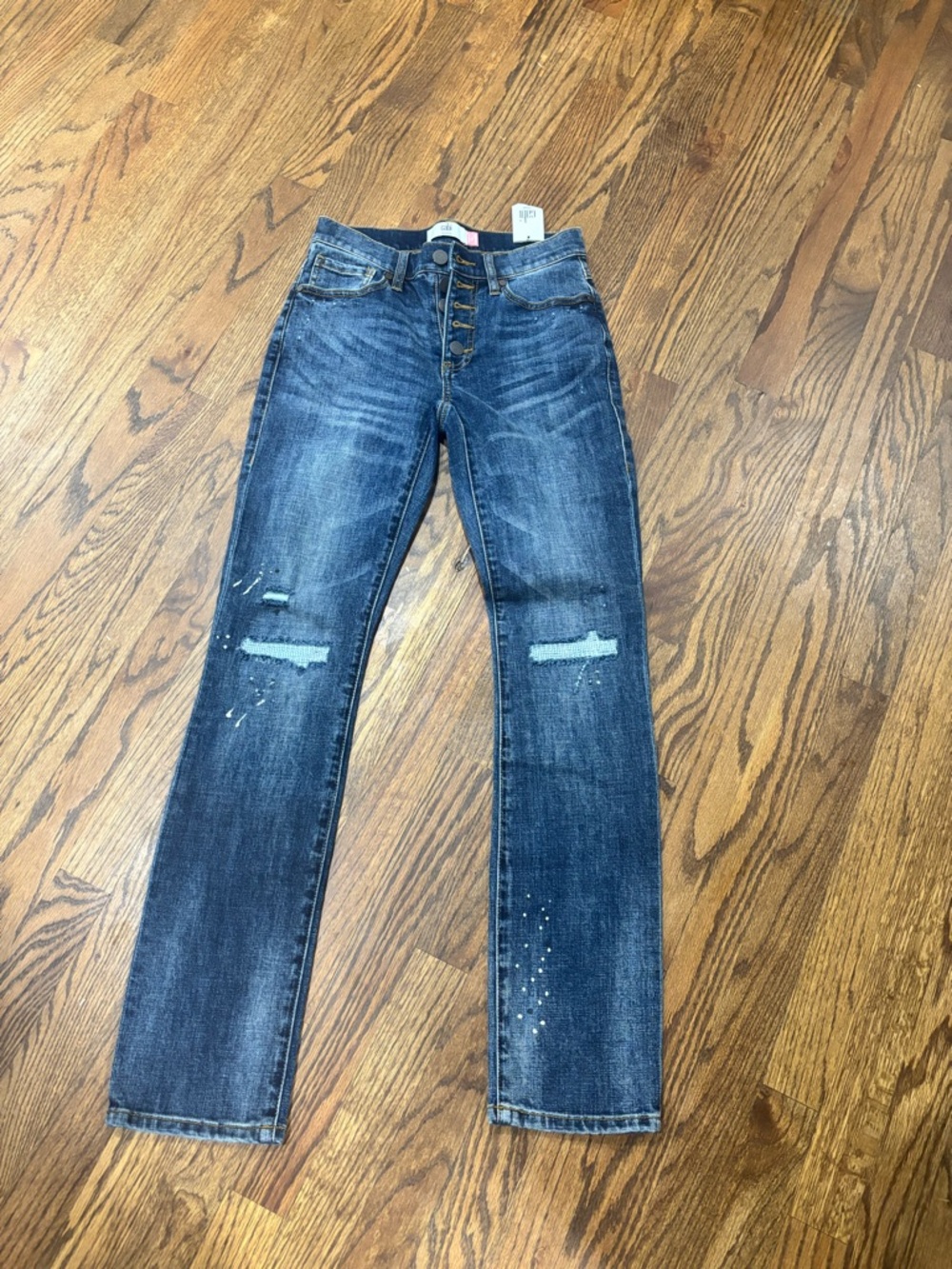 Cabi Jeans Womens 0 Blue Exposed Button Fly Straight Distressed Midrise 6068 New